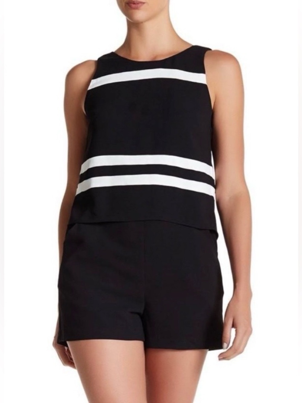Parker Amor Two-Tone Sleeveless Black Woven Stripe Drape Crepe Romper EUC Size M